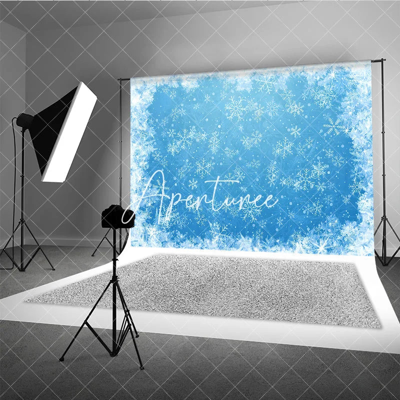 Aperturee - Aperturee Blue Winter Wonderland Snowflakes Photography Backdrop Icy Frost Christmas Holiday Party Celebration Decor