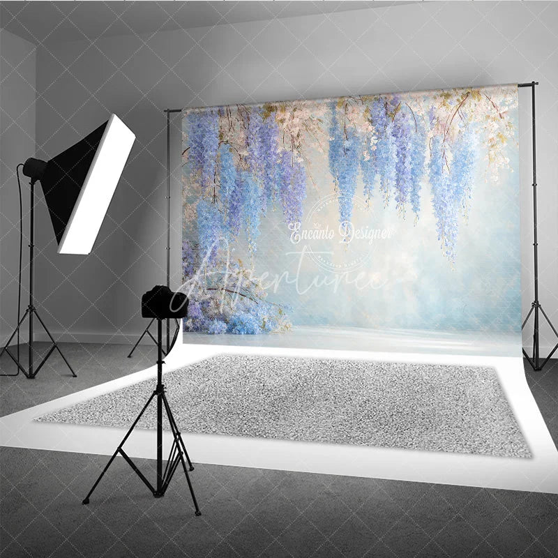 Aperturee - Aperturee Blue Wisteria Fine Art Backdrop Hanging Purple Floral Photography Background Dreamy Pastel Blossoms Photo Studio Prop