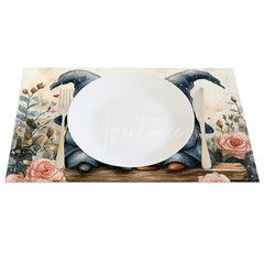 Aperturee - Aperturee Blue Wizard Hat Gnome Set of 4 Placemats Pink Rose Valentine Decoration Rustic Watercolor Dining Table Mat