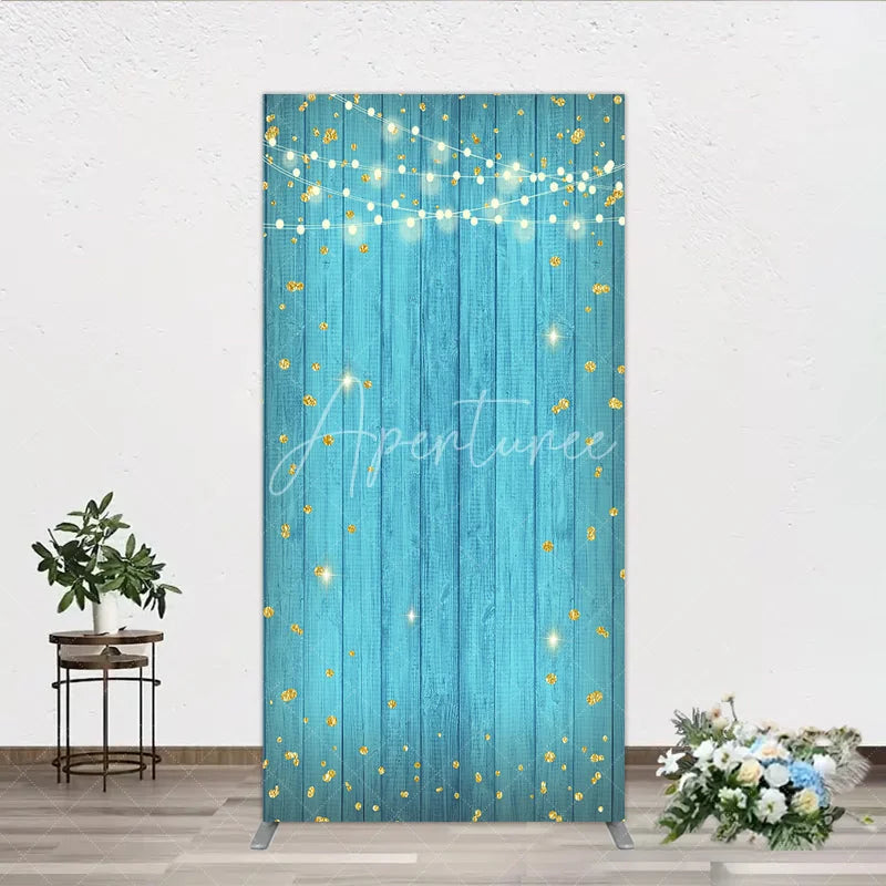 Aperturee - Aperturee Blue Wooden Plank Rectangle Arch Backdrop with Golden Glitter and String Lights Festive Party Decor.
