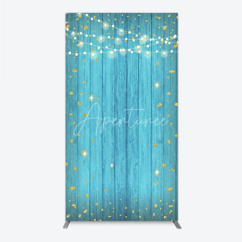 Aperturee - Aperturee Blue Wooden Plank Rectangle Arch Backdrop with Golden Glitter and String Lights Festive Party Decor.