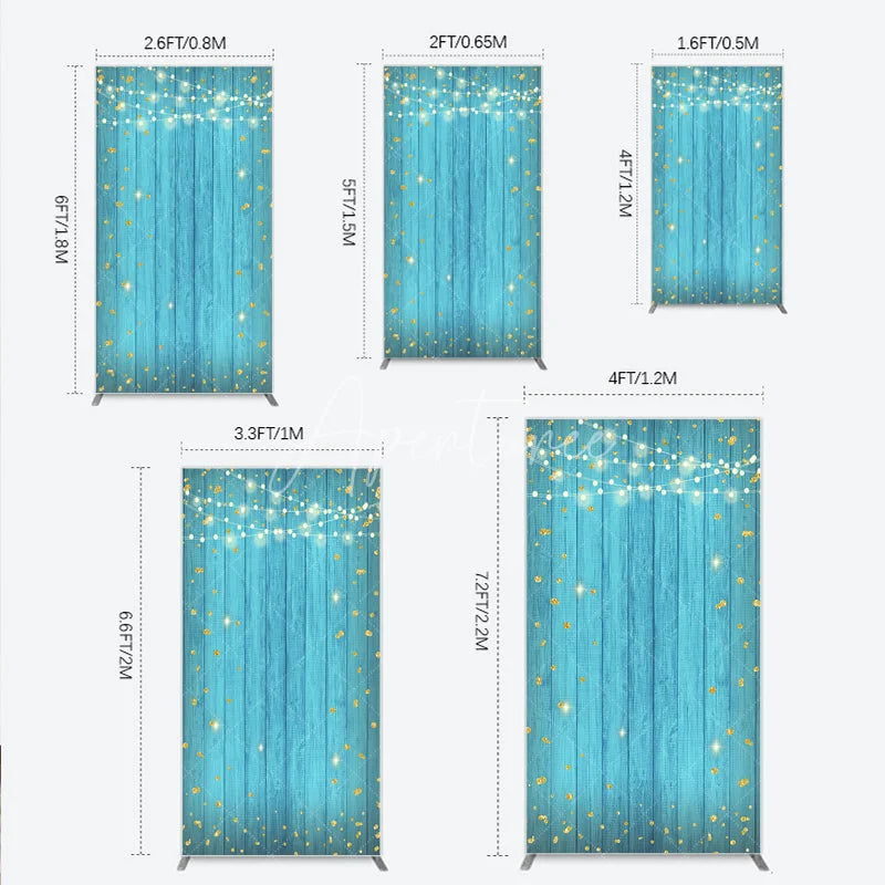 Aperturee - Aperturee Blue Wooden Plank Rectangle Arch Backdrop with Golden Glitter and String Lights Festive Party Decor.