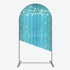 Aperturee - Aperturee Blue Wooden Texture Golden Glitter and String Lights Round Top Arch Backdrop Festive Celebration Party Decor