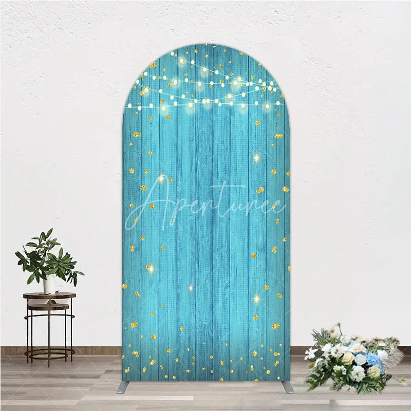 Aperturee - Aperturee Blue Wooden Texture Golden Glitter and String Lights Round Top Arch Backdrop Festive Celebration Party Decor