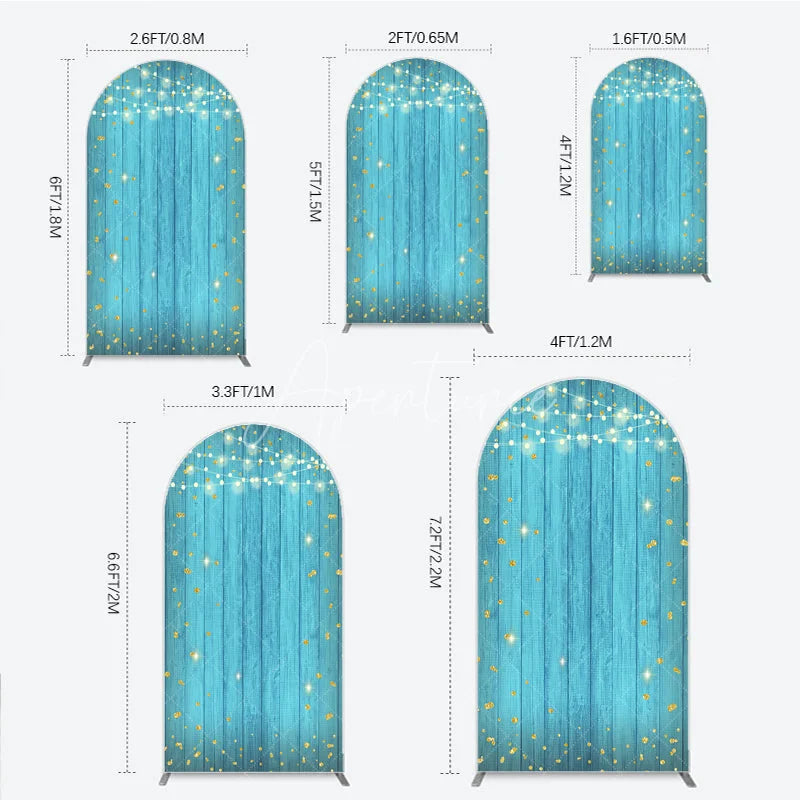 Aperturee - Aperturee Blue Wooden Texture Golden Glitter and String Lights Round Top Arch Backdrop Festive Celebration Party Decor