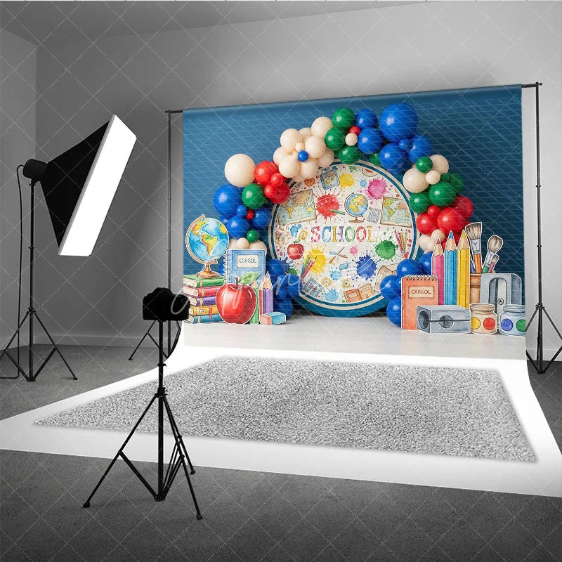 Aperturee - Aperturee Blue World Map Back To School Backdrop Apple Books Pencil Sharpener Balloon Background Boy Student Photography