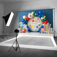 Aperturee - Aperturee Blue World Map Back To School Backdrop Apple Books Pencil Sharpener Balloon Background Boy Student Photography