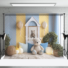 Aperturee - Aperturee Blue Yellow Modern Room Bear Cake Smash Backdrop