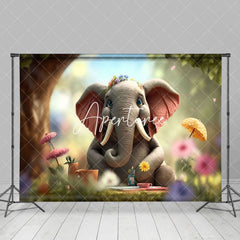 Aperturee - Aperturee Blurry Cute Elephant Grass Floral Spring Backdrop