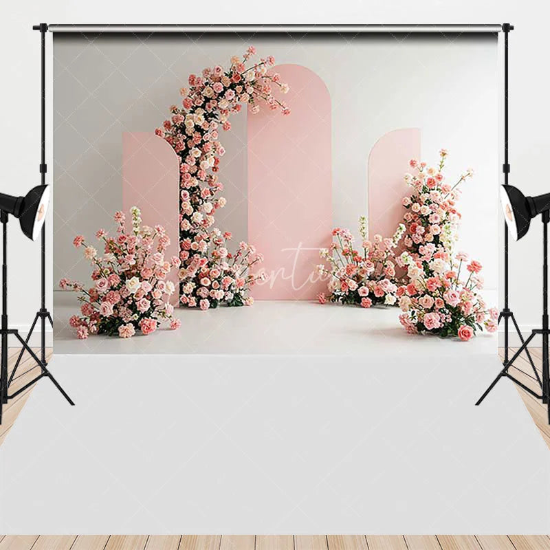 Aperturee - Aperturee Blush Pink Floral Arched Panels Combo Set Backdrop Elegant Roses Wedding Baby Shower Party Decor