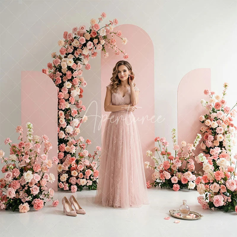Aperturee - Aperturee Blush Pink Floral Arched Panels Combo Set Backdrop Elegant Roses Wedding Baby Shower Party Decor