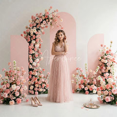 Aperturee - Aperturee Blush Pink Floral Arched Panels Combo Set Backdrop Elegant Roses Wedding Baby Shower Party Decor