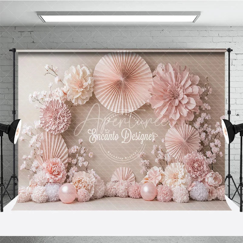 Aperturee - Aperturee Blush Pink Paper Fan and Flower Photography Backdrop Neutral Tones for Wedding Bridal Shower Photo Booth Decor