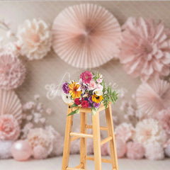 Aperturee - Aperturee Blush Pink Paper Fan and Flower Photography Backdrop Neutral Tones for Wedding Bridal Shower Photo Booth Decor