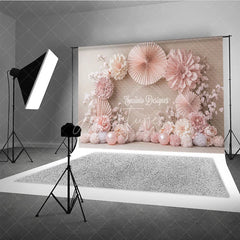 Aperturee - Aperturee Blush Pink Paper Fan and Flower Photography Backdrop Neutral Tones for Wedding Bridal Shower Photo Booth Decor
