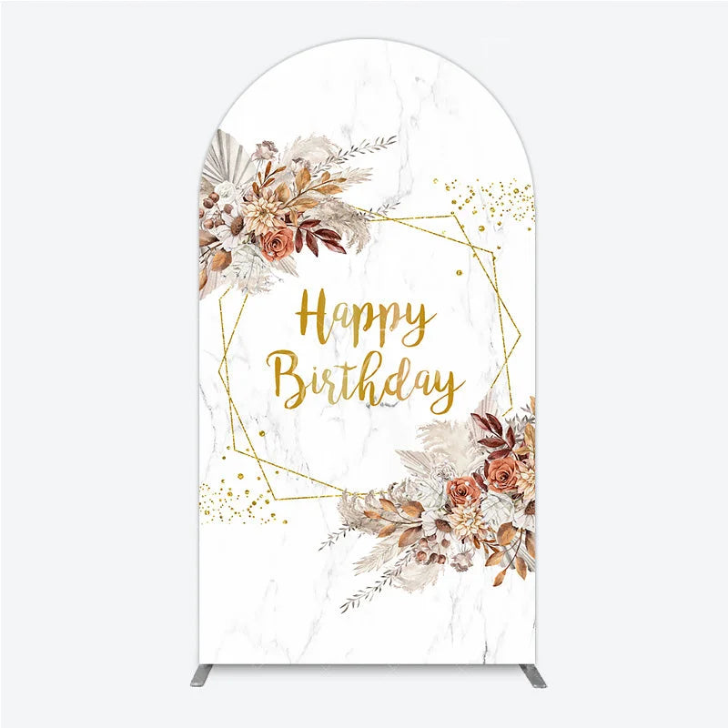 Aperturee - Aperturee Bohemian Happy Birthday Arched Backdrop Pampas Grass and Dried Flowers Gold Geometric Frame for Elegant Decor