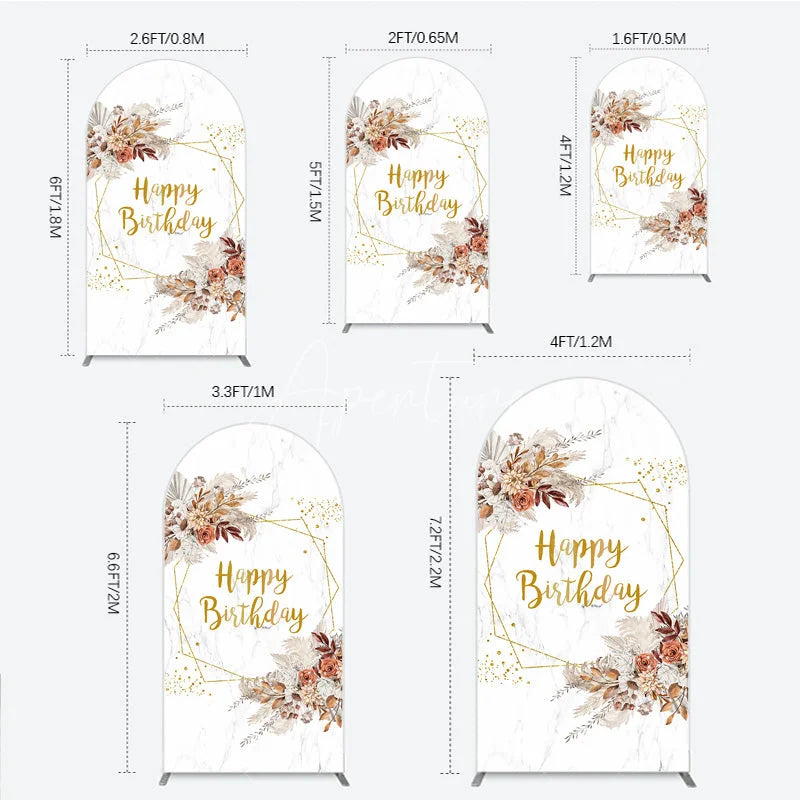 Aperturee - Aperturee Bohemian Happy Birthday Arched Backdrop Pampas Grass and Dried Flowers Gold Geometric Frame for Elegant Decor