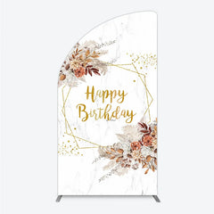 Aperturee - Aperturee Bohemian Happy Birthday Half Moon Arched Backdrop Pampas Grass and Dried Flowers Gold Geometric Frame for Elegant