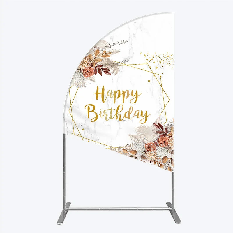 Aperturee - Aperturee Bohemian Happy Birthday Half Moon Arched Backdrop Pampas Grass and Dried Flowers Gold Geometric Frame for Elegant