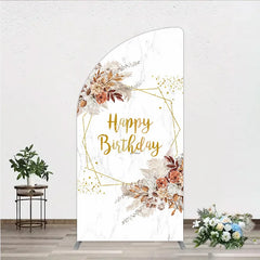 Aperturee - Aperturee Bohemian Happy Birthday Half Moon Arched Backdrop Pampas Grass and Dried Flowers Gold Geometric Frame for Elegant
