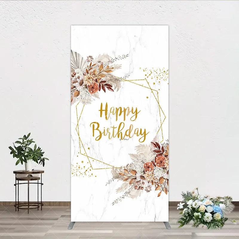 Aperturee - Aperturee Bohemian Happy Birthday Rectangleed Backdrop Pampas Grass and Dried Flowers Gold Geometric Frame for Elegant Decor