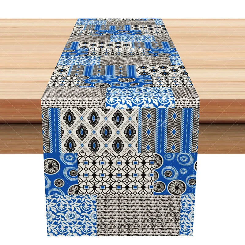 Aperturee - Aperturee Bohemian Patchwork Geometric Table Runner Blue Black and White Eclectic Kitchen Dining Decor