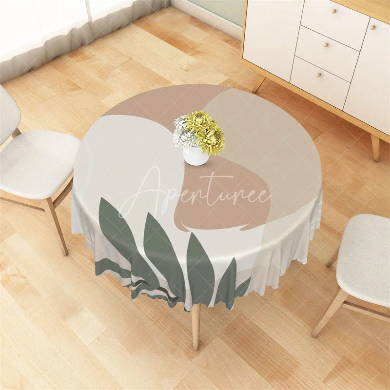 Aperturee - Aperturee Boho Abstract Leaf Round Tablecloth Neutral Beige Geometric Table Cover for Dining Room