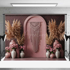 Aperturee Aperturee Boho Arch Photography Backdrop Terracotta Wall with Macrame Hanging Pampas Grass and Pink Roses Studio Prop