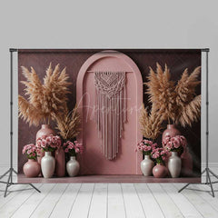 Aperturee Aperturee Boho Arch Photography Backdrop Terracotta Wall with Macrame Hanging Pampas Grass and Pink Roses Studio Prop