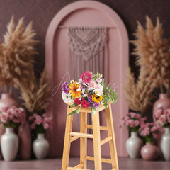Aperturee Aperturee Boho Arch Photography Backdrop Terracotta Wall with Macrame Hanging Pampas Grass and Pink Roses Studio Prop