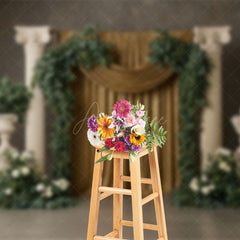Aperturee - Aperturee Boho Athens Floral Golden Curtain Wedding Backdrop