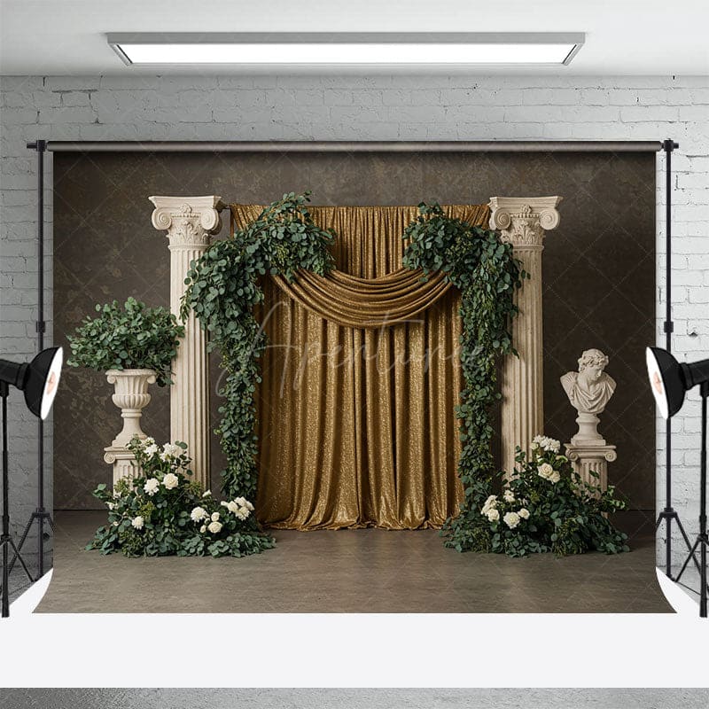 Aperturee - Aperturee Boho Athens Floral Golden Curtain Wedding Backdrop