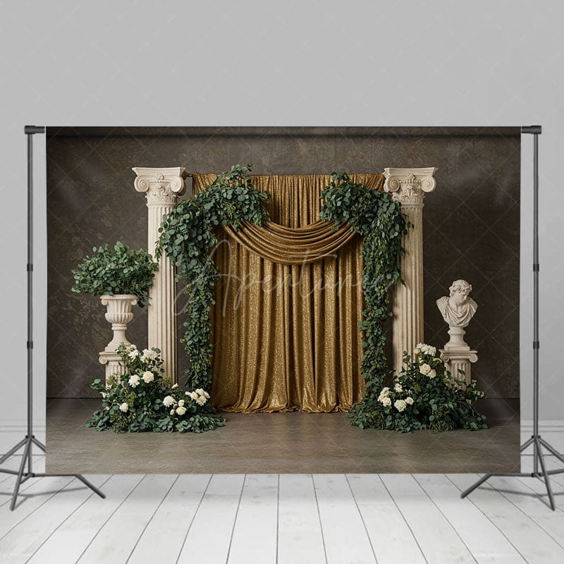 Aperturee - Aperturee Boho Athens Floral Golden Curtain Wedding Backdrop