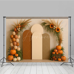 Aperturee Aperturee Boho Autumn Arch Panels Photography Backdrop Fall Pumpkins and Pampas Grass Thanksgiving Themed Photo Prop