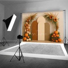 Aperturee Aperturee Boho Autumn Arch Panels Photography Backdrop Fall Pumpkins and Pampas Grass Thanksgiving Themed Photo Prop