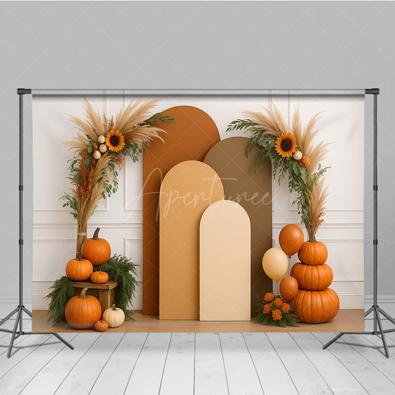 Aperturee Aperturee Boho Autumn Arch Panels Photography Backdrop Fall Pumpkins and Sunflowers Thanksgiving Themed Photo Prop