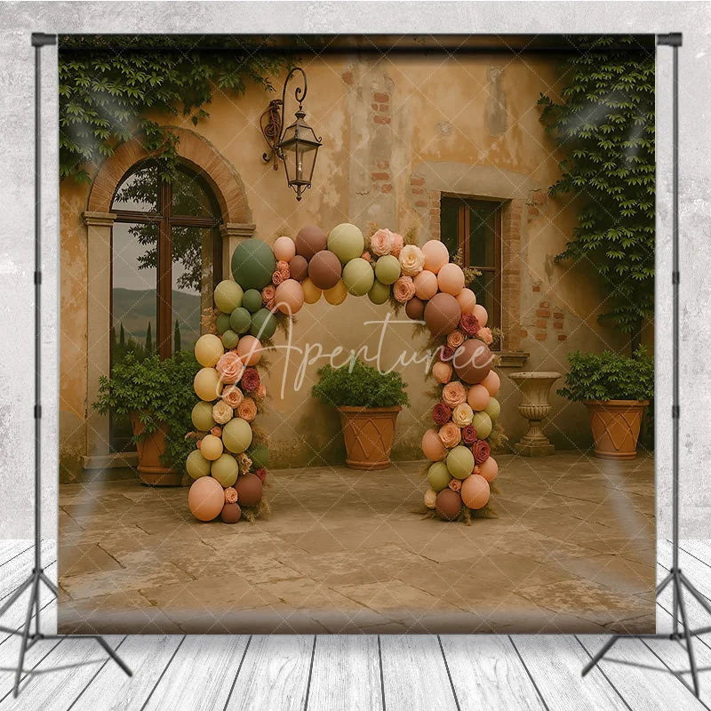 Aperturee - Aperturee Boho Balloon Arch Backdrop Sage Green Brown Flower Background Rustic Courtyard Wedding Birthday Party Decor
