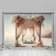 Aperturee - Aperturee Boho Beach Wooden Canopy Photography Backdrop White Drapes and Tropical Floral Seaside Background