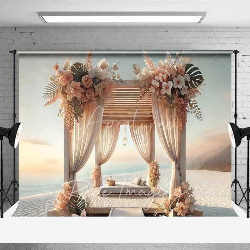 Aperturee - Aperturee Boho Beach Wooden Canopy Photography Backdrop White Drapes and Tropical Floral Seaside Background