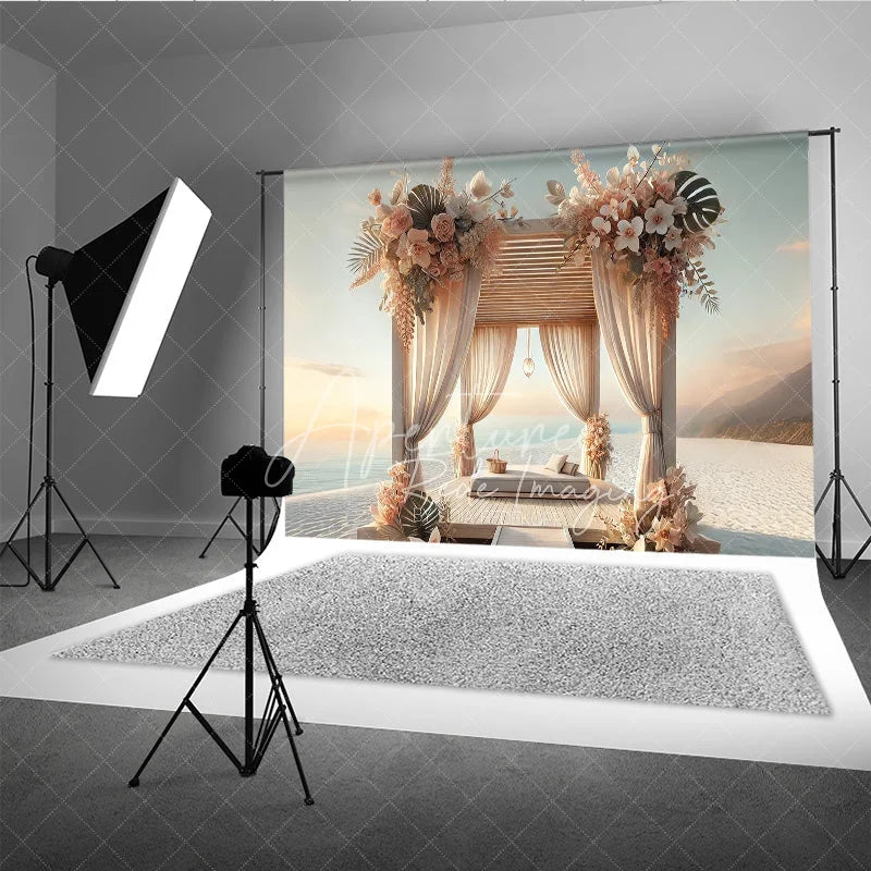 Aperturee - Aperturee Boho Beach Wooden Canopy Photography Backdrop White Drapes and Tropical Floral Seaside Background