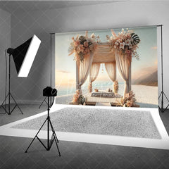 Aperturee - Aperturee Boho Beach Wooden Canopy Photography Backdrop White Drapes and Tropical Floral Seaside Background