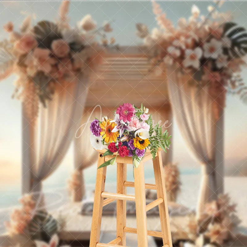 Aperturee - Aperturee Boho Beach Wooden Canopy Photography Backdrop White Drapes and Tropical Floral Seaside Background
