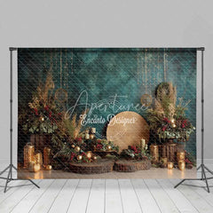 Aperturee - Aperturee Boho Blue Christmas Backdrop Rustic Gold Lantern Floral Photography Background
