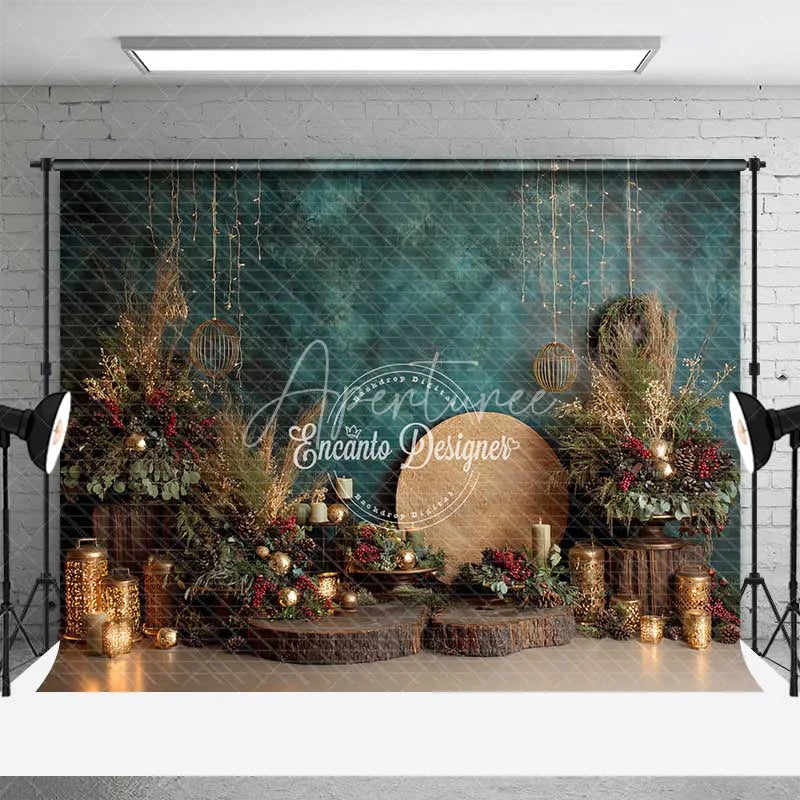 Aperturee - Aperturee Boho Blue Christmas Backdrop Rustic Gold Lantern Floral Photography Background