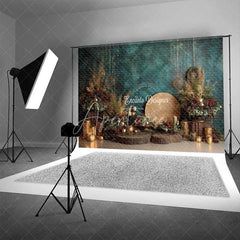 Aperturee - Aperturee Boho Blue Christmas Backdrop Rustic Gold Lantern Floral Photography Background