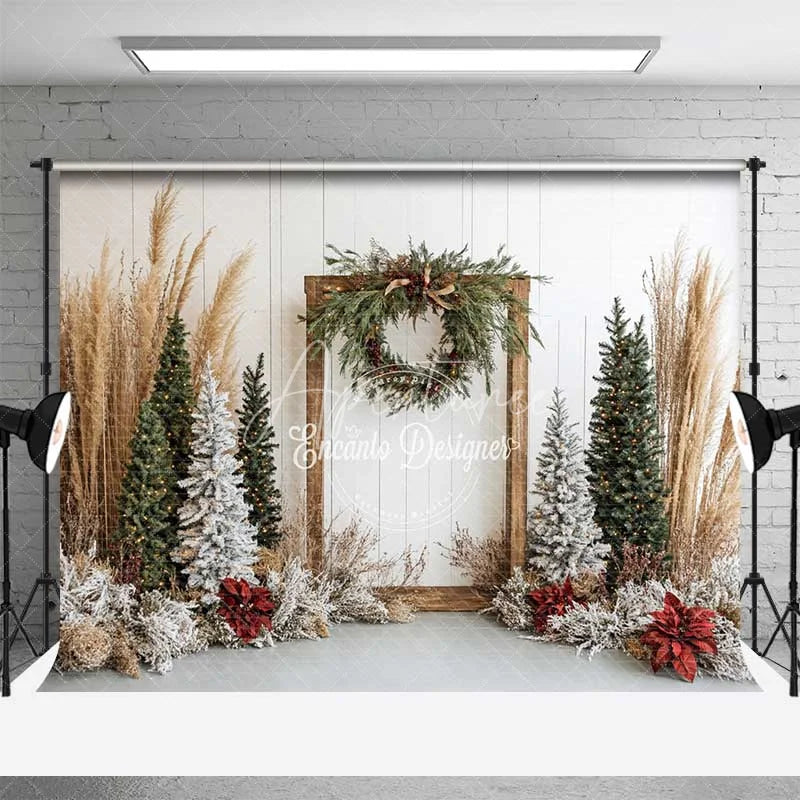 Aperturee - Aperturee Boho Christmas Backdrop Rustic Wood Frame Pampas Grass Winter Trees White Wall Photography Background
