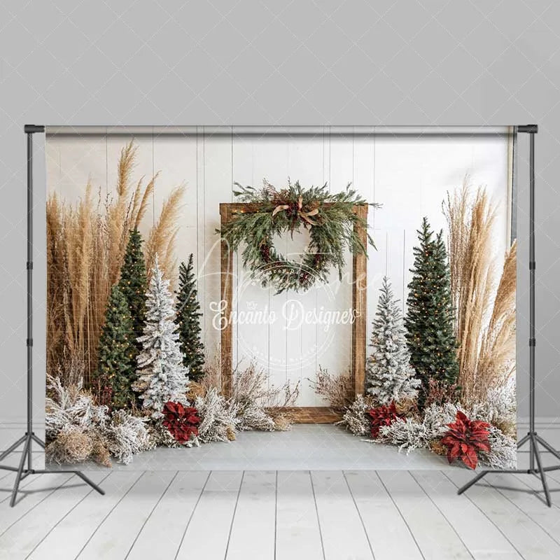 Aperturee - Aperturee Boho Christmas Backdrop Rustic Wood Frame Pampas Grass Winter Trees White Wall Photography Background