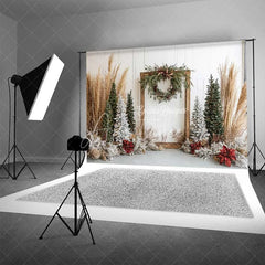Aperturee - Aperturee Boho Christmas Backdrop Rustic Wood Frame Pampas Grass Winter Trees White Wall Photography Background