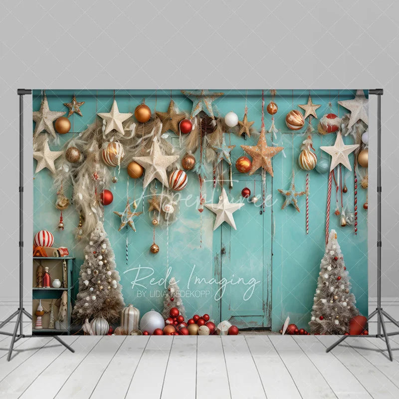 Aperturee - Aperturee Boho Christmas Backdrop Teal Wall Hanging Star Ornament Photography Background Rustic White Tree Winter Holiday Party