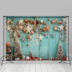 Aperturee - Aperturee Boho Christmas Backdrop Teal Wall Hanging Star Ornament Photography Background Rustic White Tree Winter Holiday Party